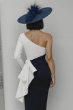 Black and White Sheath One Shoulder Midi Mother of the Bride Dress with Ruffles
