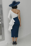 Black and White Sheath One Shoulder Midi Mother of the Bride Dress with Ruffles