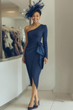 Navy Sheath One Shoulder Draped Midi Mother of the Bride Dress