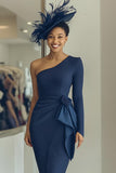 Navy Sheath One Shoulder Draped Midi Mother of the Bride Dress