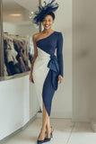 Navy Sheath One Shoulder Draped Midi Mother of the Bride Dress