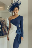 Navy Sheath One Shoulder Draped Midi Mother of the Bride Dress
