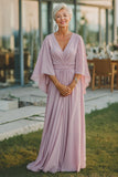 Dusty Rose V-Neck Flowy Maxi Mother of the Bride Dress with Sleeves