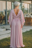 Dusty Rose V-Neck Flowy Maxi Mother of the Bride Dress with Sleeves