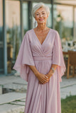 Dusty Rose V-Neck Flowy Maxi Mother of the Bride Dress with Sleeves