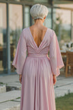 Dusty Rose V-Neck Flowy Maxi Mother of the Bride Dress with Sleeves