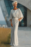 Silver Sheath Ruched Boat Neck Long Mother of the Bride Dress with Pocket