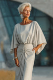 Silver Sheath Ruched Boat Neck Long Mother of the Bride Dress with Pocket