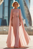 Sparkly Blush Pink Round Neck Maxi Mother of the Bride Dress with Cape