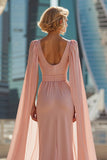 Sparkly Blush Pink Round Neck Maxi Mother of the Bride Dress with Cape