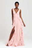 Pink V-Neck Chiffon A-Line Maxi Formal Dress with Ruffles