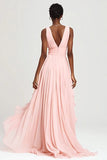 Pink V-Neck Chiffon A-Line Maxi Formal Dress with Ruffles