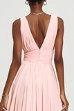 Pink V-Neck Chiffon A-Line Maxi Formal Dress with Ruffles
