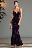 Purple Spaghetti Straps Mermaid Velvet Long Holiday Party Dress