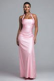 Simple Pink Halter Mermaid Satin Maxi Formal Dress