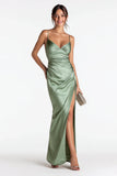 Sage Green Satin Spaghetti Straps Mermaid Long Formal Dress with Slit