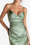 Sage Green Satin Spaghetti Straps Mermaid Long Formal Dress with Slit