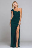 Dark Green Mermaid One Shoulder Maxi Formal Dress with Slit