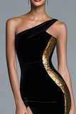 Sparkly Black Velvet One Shoulder Mermaid Long Holiday Party Dress with Sequins