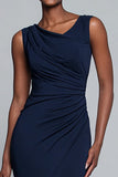 Simple Navy V-Neck Ruched Mermaid Maxi Formal Dress