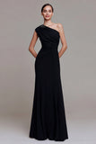 Black Sheath One Shoulder Ruched Long Formal Dress with Beading