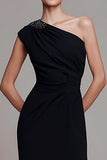 Black Sheath One Shoulder Ruched Long Formal Dress with Beading