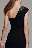 Black Sheath One Shoulder Ruched Long Formal Dress with Beading