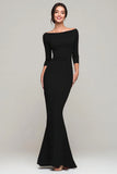 Black Boat Neck Long Mermaid Formal Dress with Sleeves