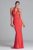 Watermelon Red Halter Mermaid Ruched Maxi Formal Dress