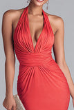 Watermelon Red Halter Mermaid Ruched Maxi Formal Dress