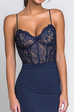Navy Mermaid Spaghetti Straps Maxi Corset Formal Dress with Lace