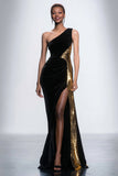 Black Mermaid Velvet One Shoulder Long Holiday Party Dress with Sequins