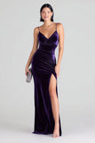 Purple Velvet Mermaid Spaghetti Straps Long Holiday Party Dress with Slit