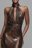 Brown Metallic High Neck Mermaid Maxi Formal Dress