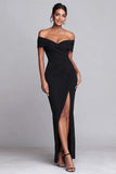 Black Ruched Off the Shoulder Mermaid Long Formal Dress with Slit