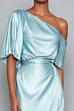 Light Blue Satin One Shoulder Mermaid Long Formal Dress with Sleeves