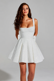 Sparkly Ivory A Line Square Neck Sequin Little White Dress with Bow
