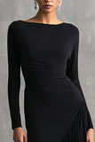 Black Boat Neck Mermaid Maxi Formal Dress with Sleeves