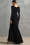 Black Boat Neck Mermaid Maxi Formal Dress with Sleeves