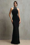 Sparkly Black Halter Mermaid Maxi Formal Dress with Beading