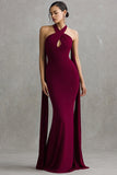 Burgundy Halter Mermaid Neck Scarf Maxi Formal Dress