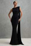 Black Round Neck Long Mermaid Formal Dress with Side Cape