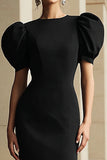 Black Round Neck Puff Sleeves Tea Length Mermaid Formal Dress
