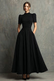Black Short Sleeves High Neck A-Line Long Formal Dress with Pockets