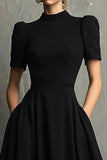 Black Short Sleeves High Neck A-Line Long Formal Dress with Pockets