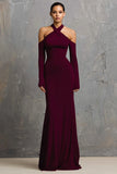 Burgundy Mermaid Halter Long Sleeves Long Formal Dress
