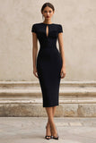 Black Mermaid Round Neck Short Sleeves Midi Semi-Formal Dress