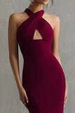 Burgundy Halter Mermaid Keyhole Maxi Formal Dress