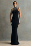 Sparkly Black Mermaid Halter Maxi Formal Dress with Beading