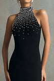 Sparkly Black Mermaid Halter Maxi Formal Dress with Beading